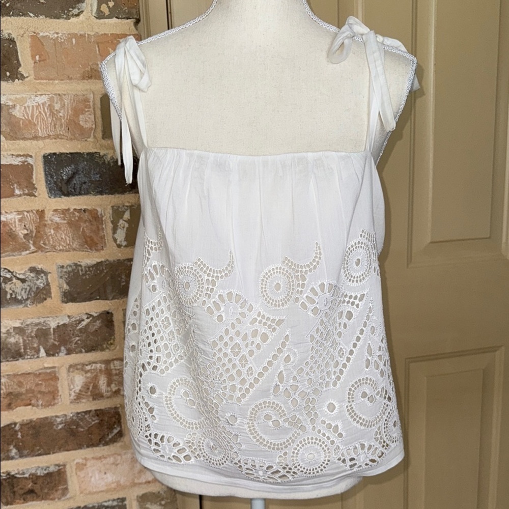 HD in Paris White Anthropologie Embroidery Lace Cami Top Cotton & Silk Ties LRG - Picture 2 of 13